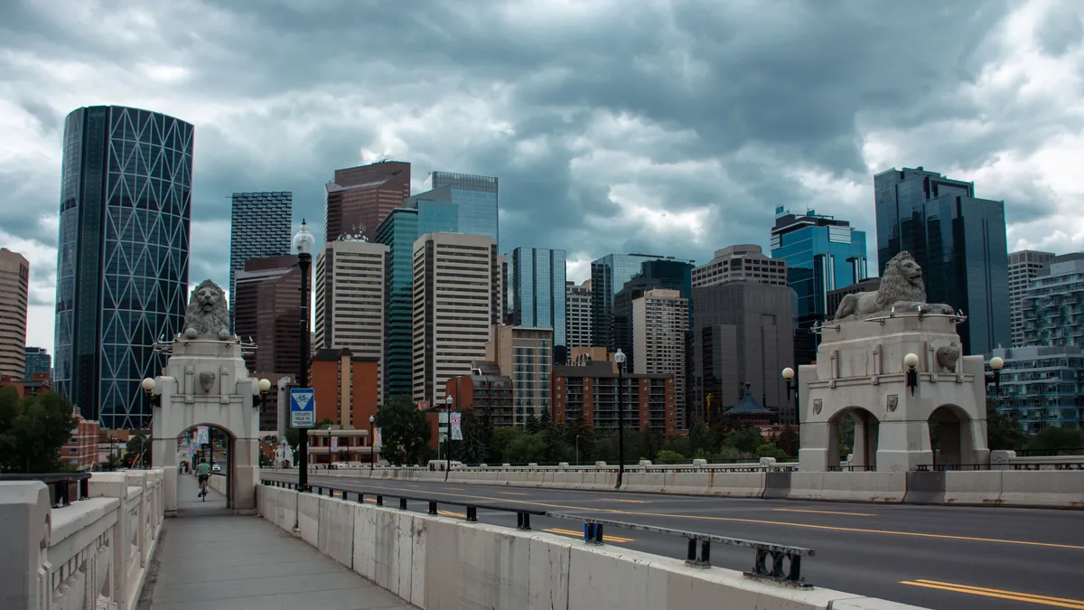 Downtown Calgary skyline from the Centre Street Bridge, where Alberta repays every $500 payday loan in instalments